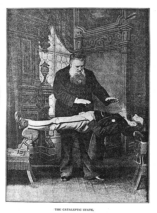 A mesmerist demonstrates the cataleptic state by levitating a man.